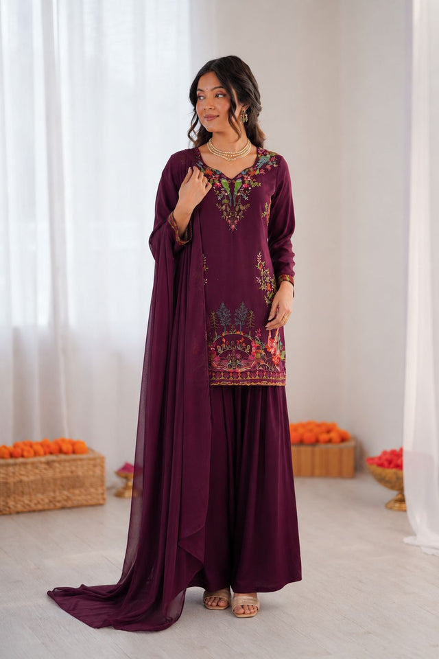 Purple Embroidered Rayon Sharara Suit (KD-1616-purple)