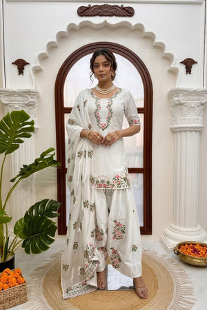 Off White Floral Embroidered Art Silk Palazzo Suit (KD-1617)