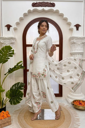 Off White Floral Embroidered Art Silk Palazzo Suit (KD-1617)