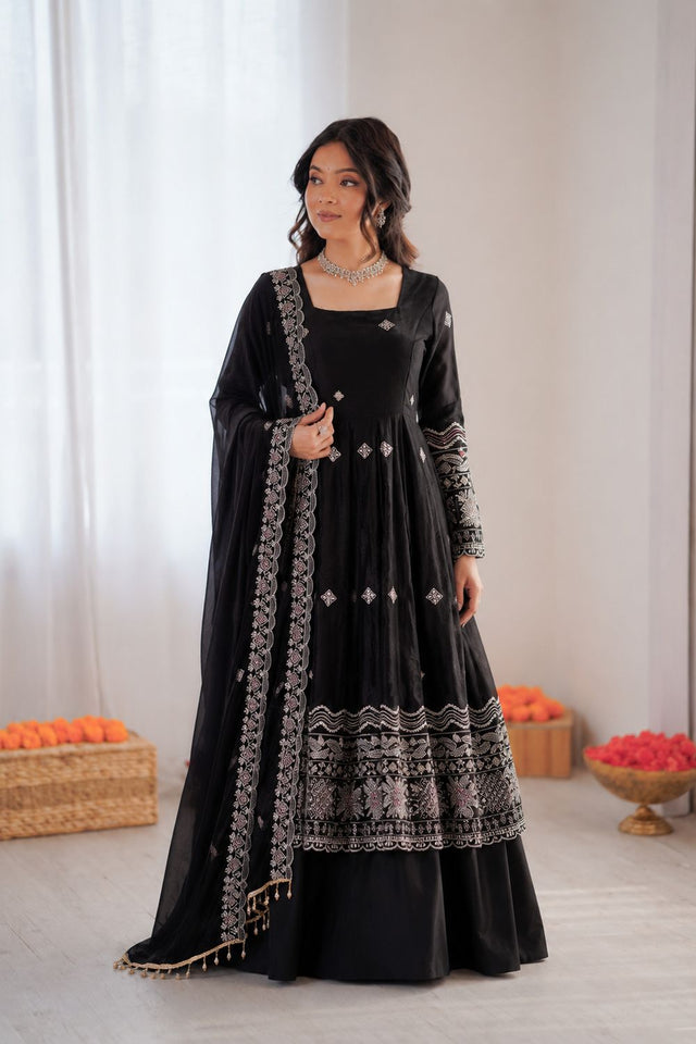 Black Embroidered Art Silk Anarkali Suit (KD-1619-black)
