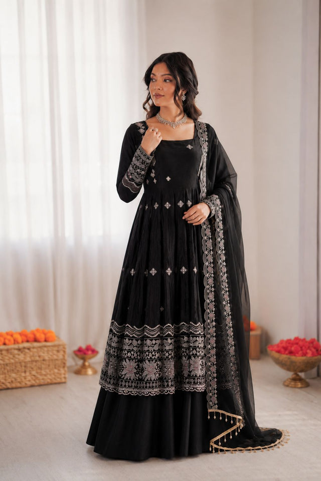 Black Embroidered Art Silk Anarkali Suit (KD-1619-black)