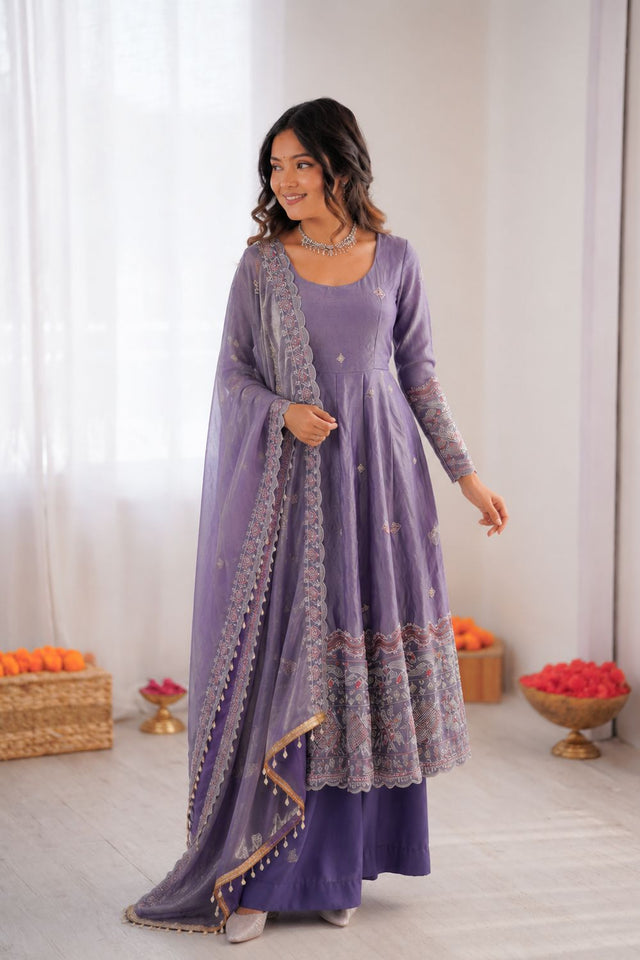 Lavender Embroidered Art Silk Anarkali Suit (KD-1619-lavender)