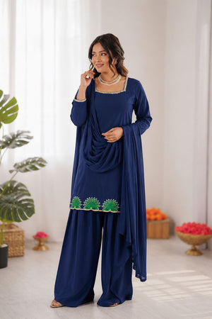 Blue Embroidered Art Silk Palazzo Suit (KD-1620)
