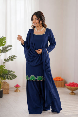 Blue Embroidered Art Silk Palazzo Suit (KD-1620)