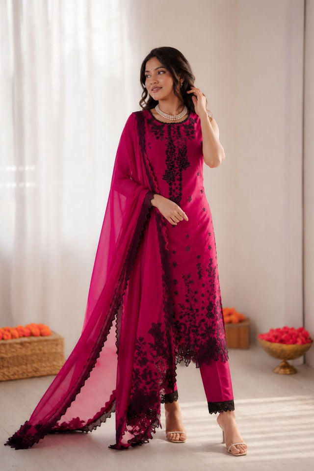 Dark Pink Floral Embroidered Art Silk Straight Cut Suit (KD-1622)