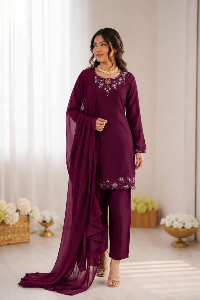 Wine Floral Embroidered Art Silk Straight Cut Suit (KD-1623)