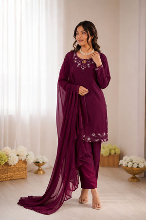 Wine Floral Embroidered Art Silk Straight Cut Suit (KD-1623)