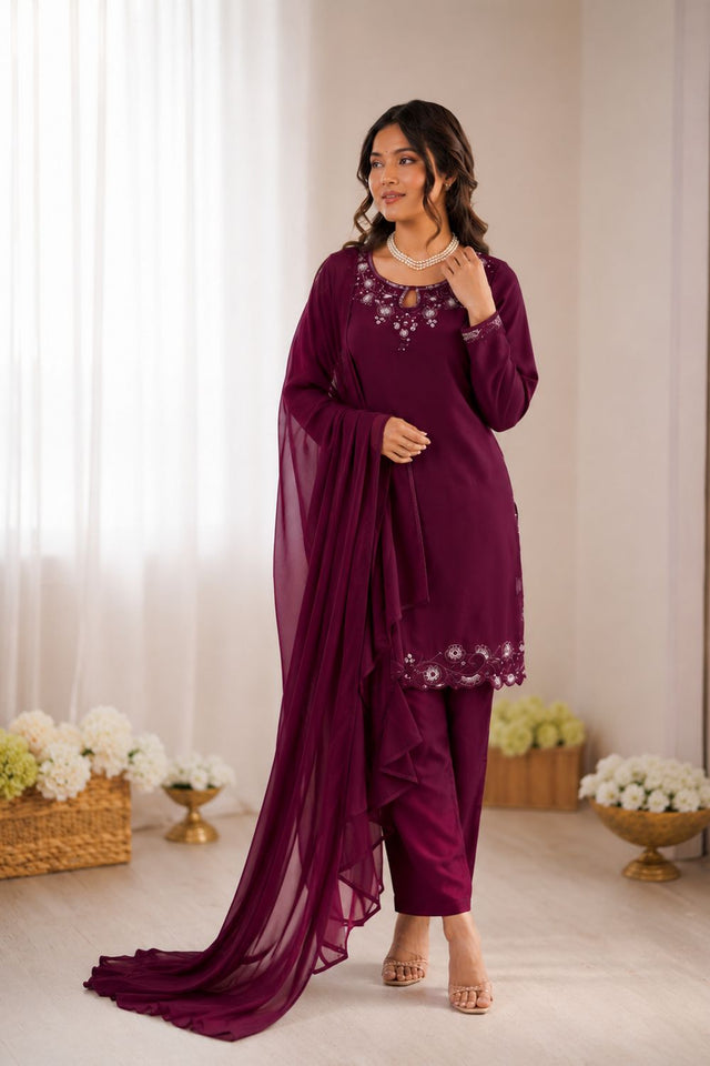 Wine Floral Embroidered Art Silk Straight Cut Suit (KD-1623)