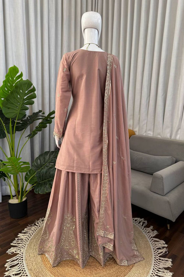 Pink Floral Embroidered Crepe Sharara Suit (KD1586-onionp ink)