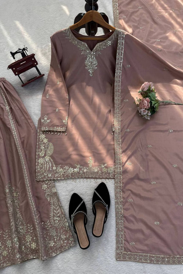 Pink Floral Embroidered Crepe Sharara Suit (KD1586-onionp ink)