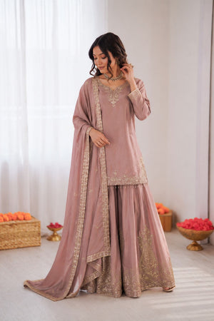 Pink Floral Embroidered Crepe Sharara Suit (KD1586-onionp ink)