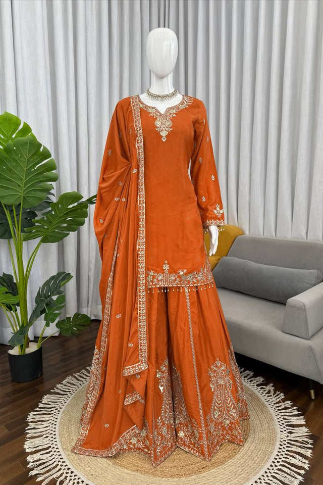 Orange Floral Embroidered Crepe Sharara Suit (KD1586-orange)