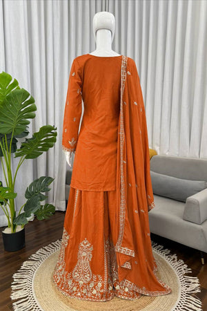 Orange Floral Embroidered Crepe Sharara Suit (KD1586-orange)