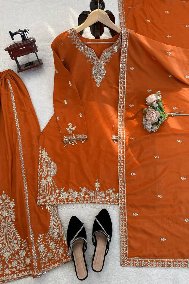 Orange Floral Embroidered Crepe Sharara Suit (KD1586-orange)