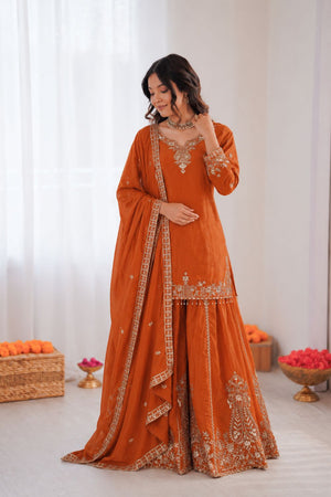 Orange Floral Embroidered Crepe Sharara Suit (KD1586-orange)