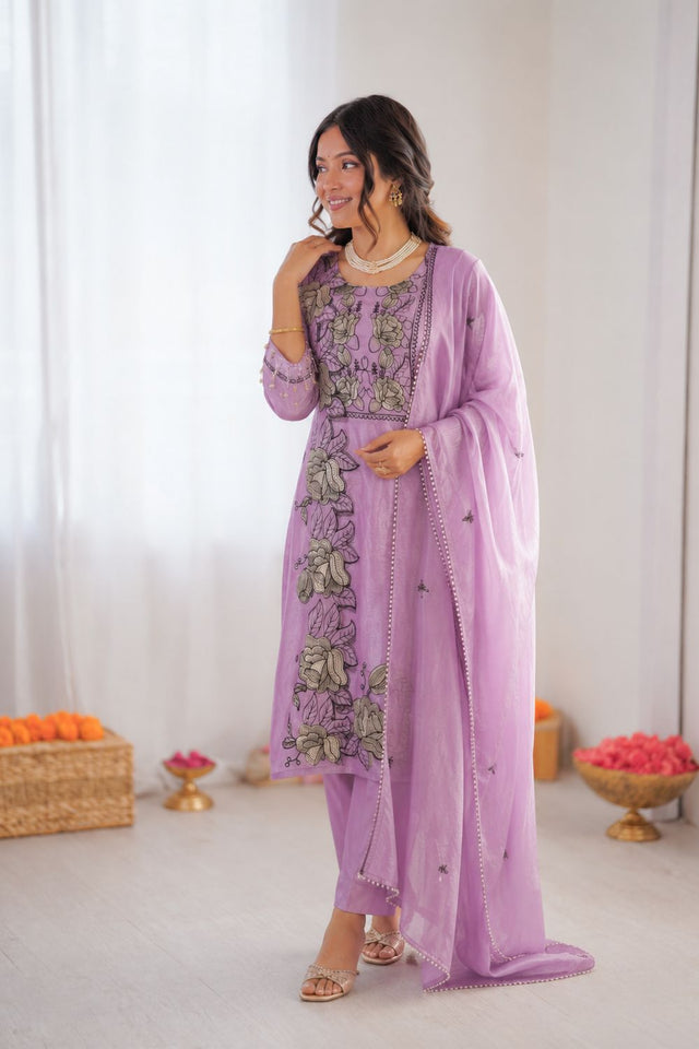 Lavender Floral Print with Thread Work Art Silk Straight Cut Suit (KD1609-lavender)