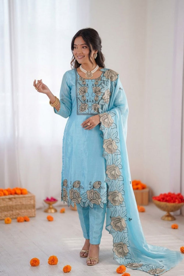 Light Blue Floral Print with Thread Work Art Silk Straight Cut Suit (KD1609-sky blue)