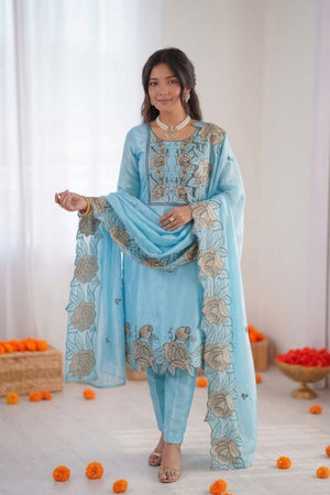 Light Blue Floral Print with Thread Work Art Silk Straight Cut Suit (KD1609-sky blue)