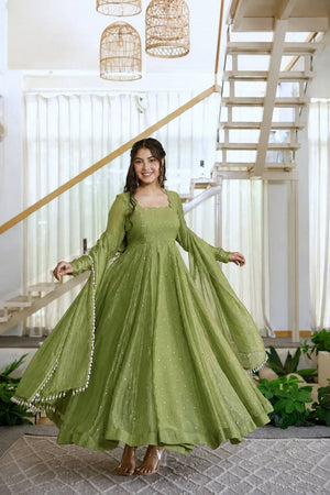 Olive Green Embroidered Silk Anarkali Suit (KDK-1641-Olive)