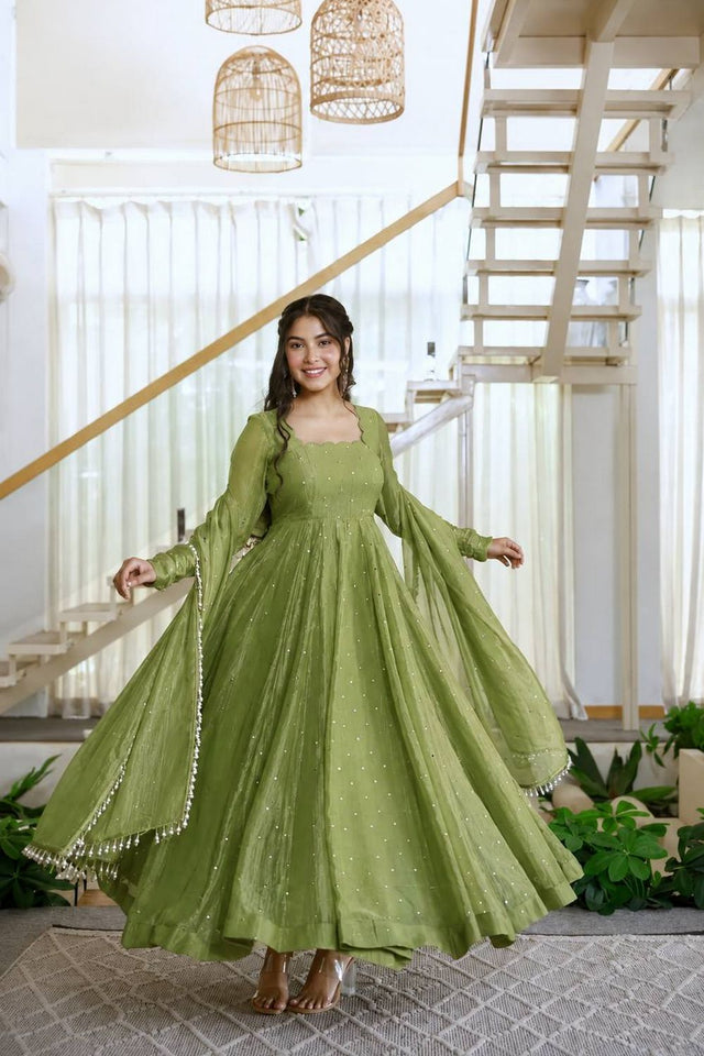 Olive Green Embroidered Silk Anarkali Suit (KDK-1641-Olive)