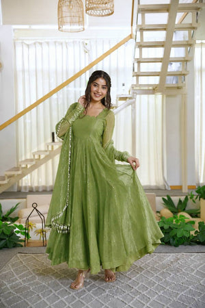 Olive Green Embroidered Silk Anarkali Suit (KDK-1641-Olive)