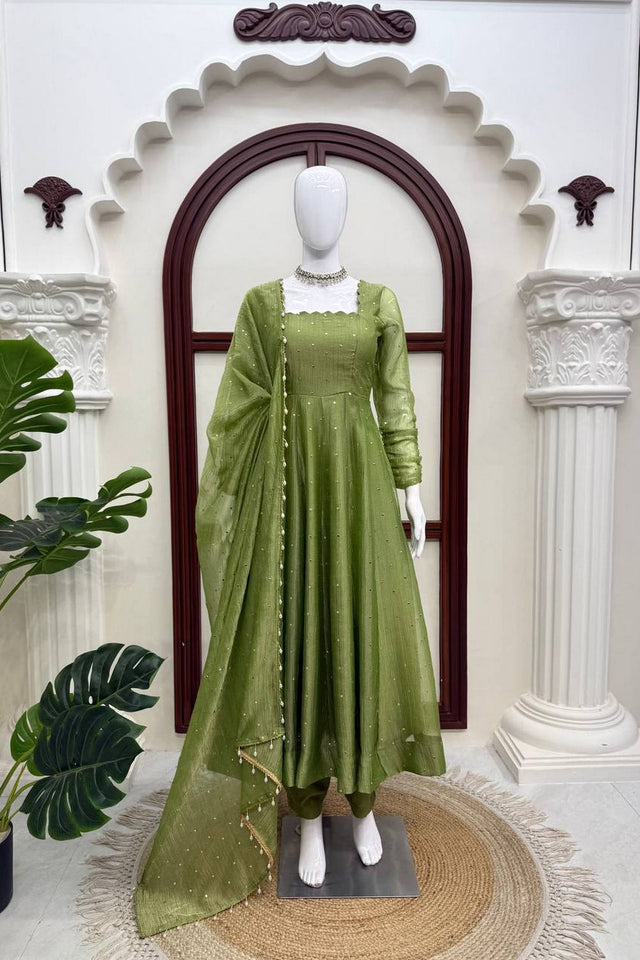Olive Green Embroidered Silk Anarkali Suit (KDK-1641-Olive)