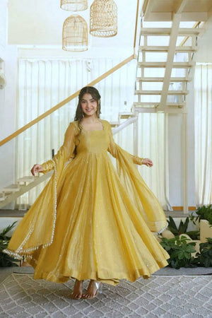 Yellow Embroidered Silk Anarkali Suit (KDK-1641-Yellow)