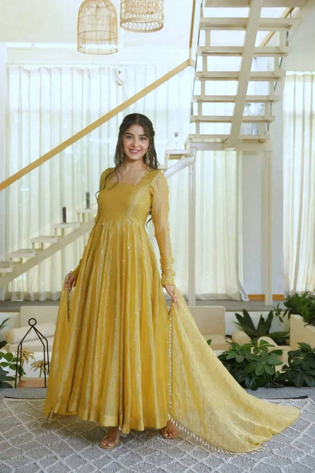 Yellow Embroidered Silk Anarkali Suit (KDK-1641-Yellow)