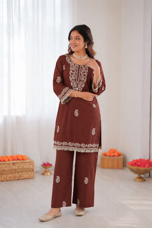 Brown Embroidered Rayon Co-Ord Set (KD 1615-brown)