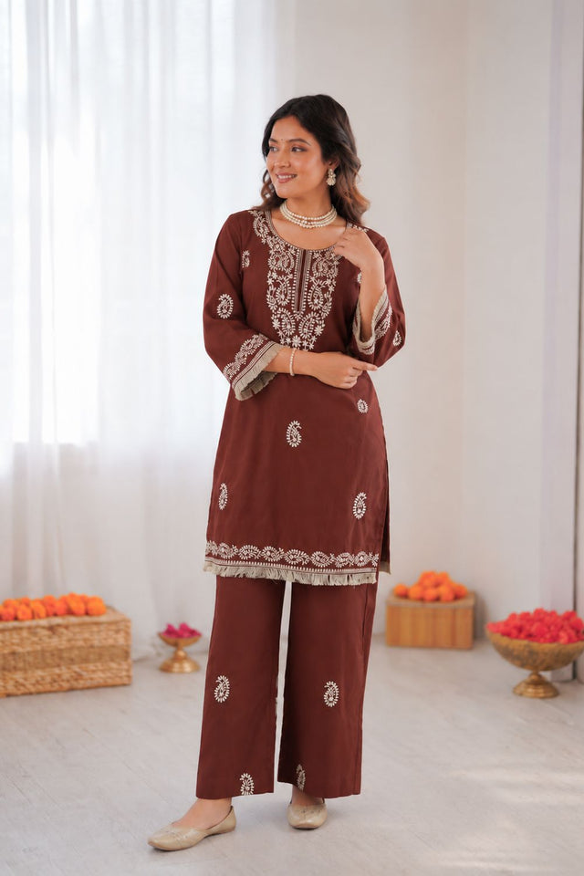 Brown Embroidered Rayon Co-Ord Set (KD 1615-brown)