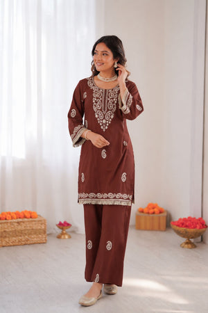 Brown Embroidered Rayon Co-Ord Set (KD 1615-brown)