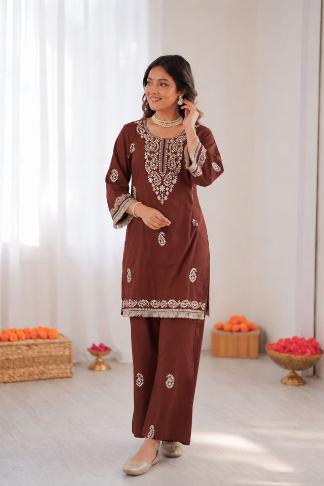 Brown Embroidered Rayon Co-Ord Set (KD 1615-brown)