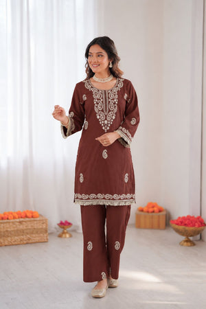 Brown Embroidered Rayon Co-Ord Set (KD 1615-brown)