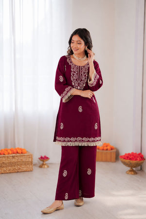 Maroon Embroidered Rayon Co-Ord Set (KD 1615-maroon)