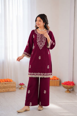 Maroon Embroidered Rayon Co-Ord Set (KD 1615-maroon)