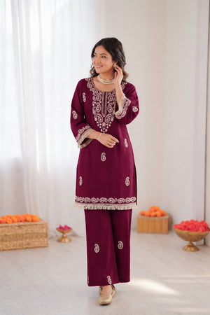 Maroon Embroidered Rayon Co-Ord Set (KD 1615-maroon)
