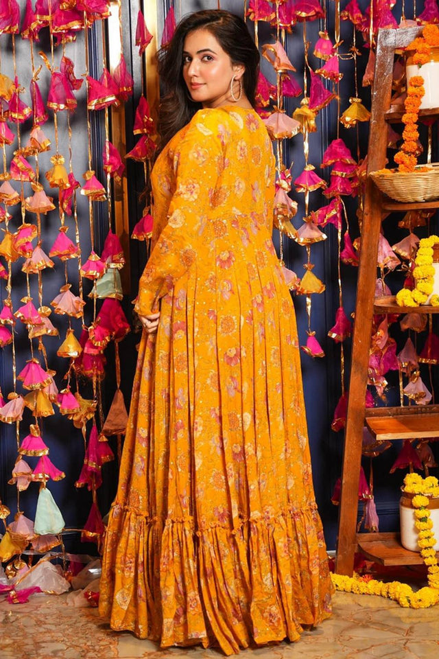 Yellow Floral Printed Art Silk Sharara Suits (KF-clora-101.)