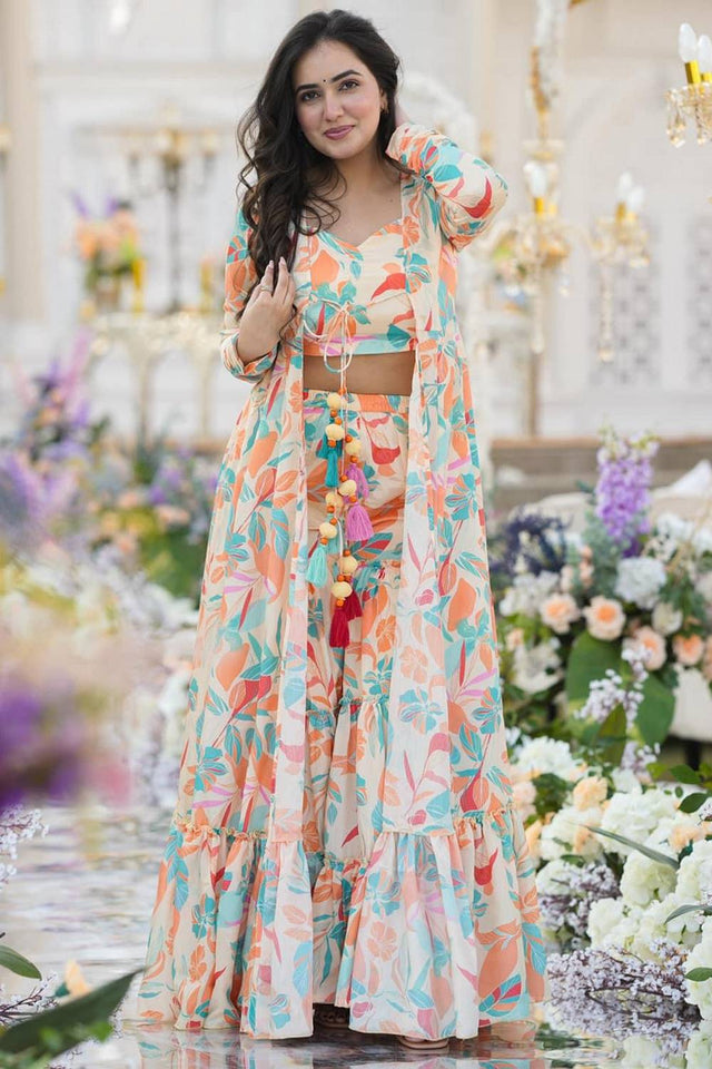 Off White Floral Printed Art Silk Sharara Suits (KF-clora-104.)