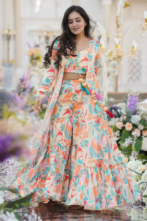 Off White Floral Printed Art Silk Sharara Suits (KF-clora-104.)