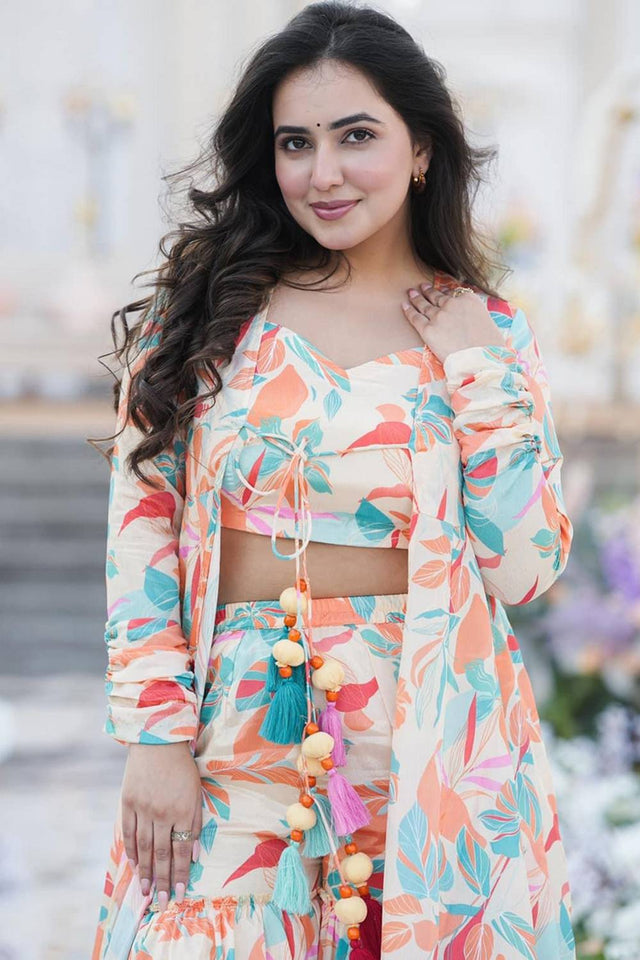 Off White Floral Printed Art Silk Sharara Suits (KF-clora-104.)