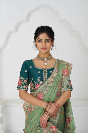 Green Embroidered Dola Viscose Silk Saree