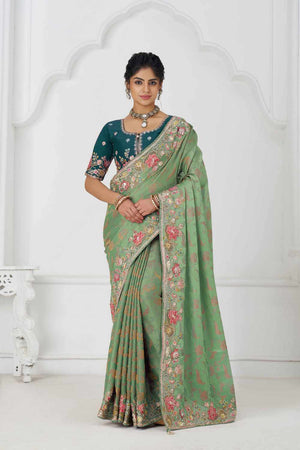 Green Embroidered Dola Viscose Silk Saree