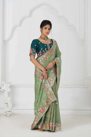 Green Embroidered Dola Viscose Silk Saree