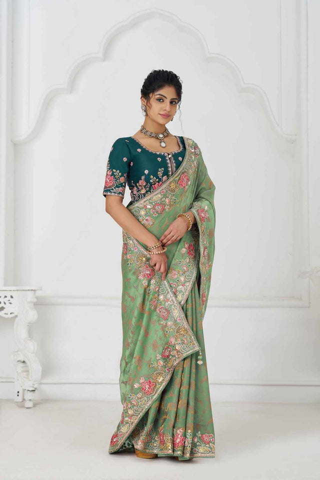 Green Embroidered Dola Viscose Silk Saree