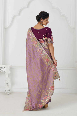 Mauve Embroidered Dola Viscose Silk Saree