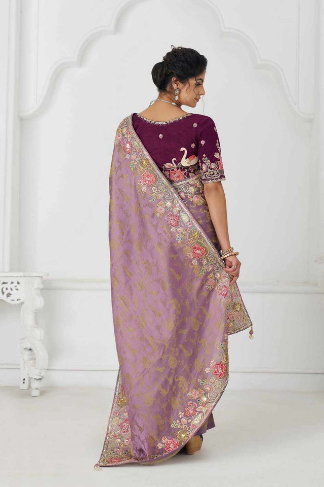 Mauve Embroidered Dola Viscose Silk Saree