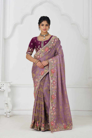 Mauve Embroidered Dola Viscose Silk Saree