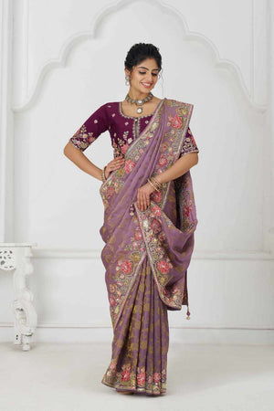 Mauve Embroidered Dola Viscose Silk Saree