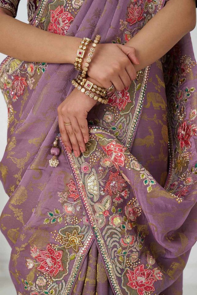 Mauve Embroidered Dola Viscose Silk Saree