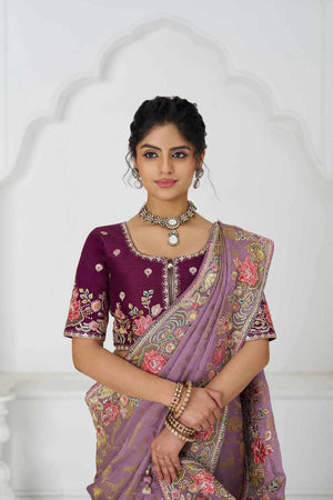 Mauve Embroidered Dola Viscose Silk Saree